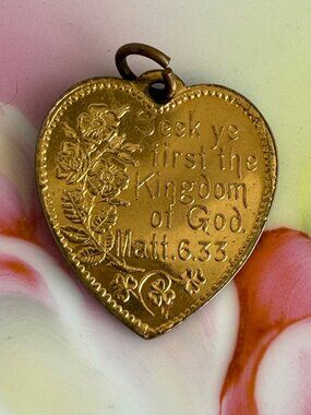 Antique Victorian Sunday School Prize Medal NPO Belfast Heart Floral Matt 6:33